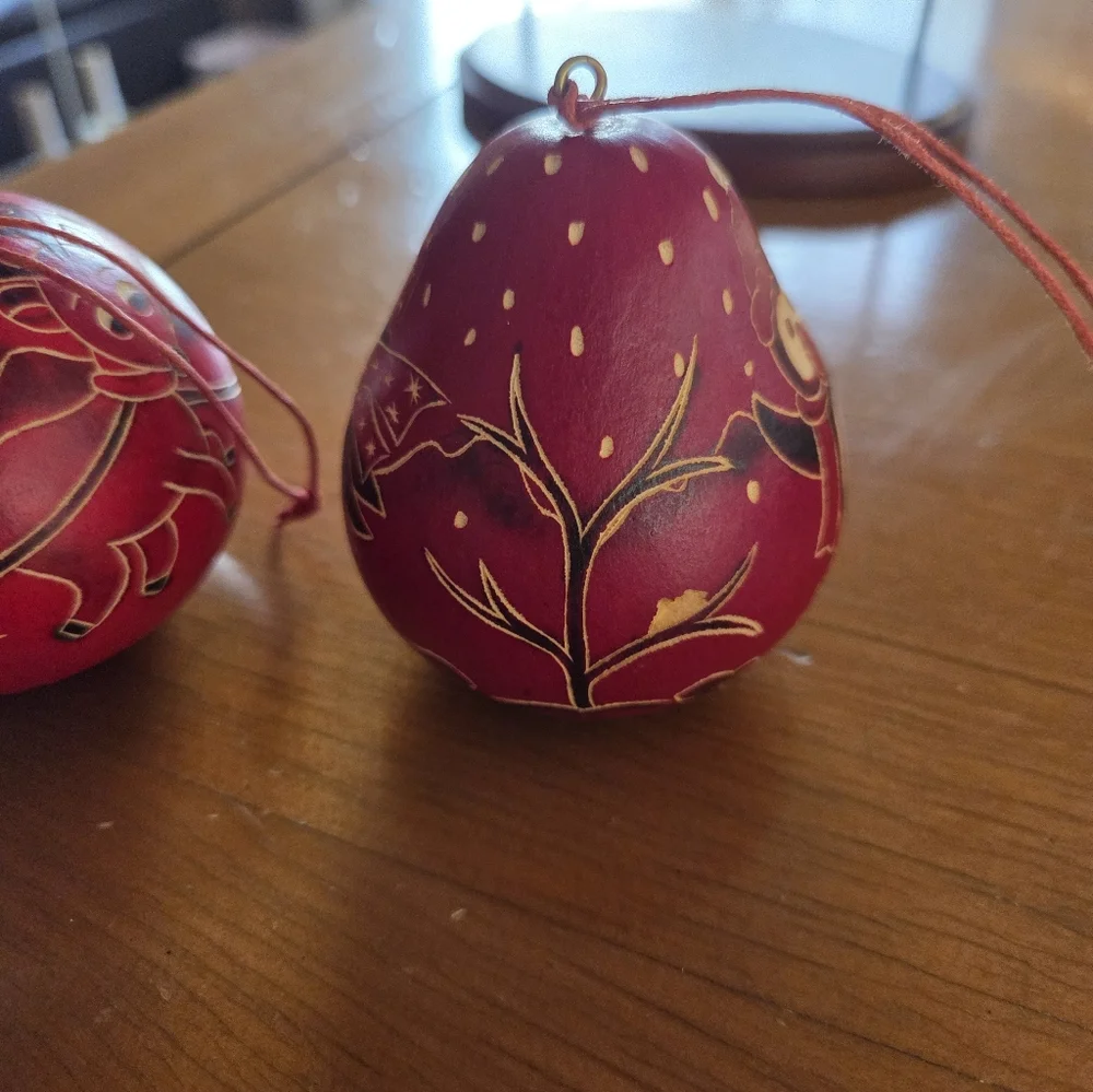 Hand Carved Dried Gourd Ornanent Trio (Polar Bear, Santa & Penguin)